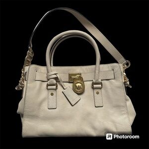 MICHAEL KORS LG Satchel Hamilton Biege Hand Bag Gold Lock, Key Excellent Shape